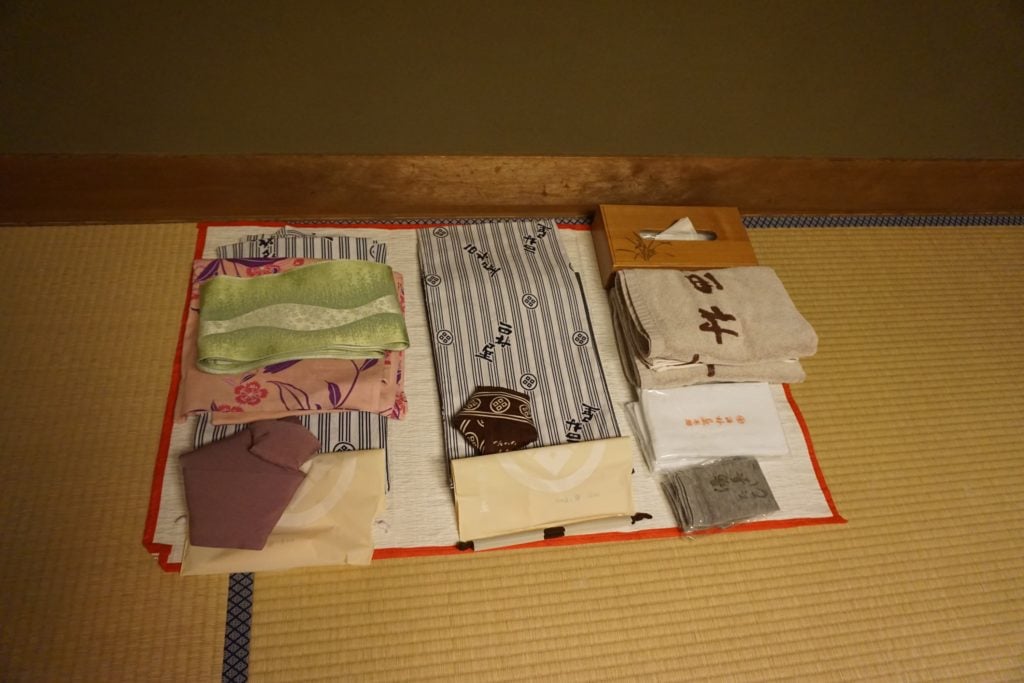 The summer yukata the staff laid out for us to wear around the town of Kinosaki Onsen.