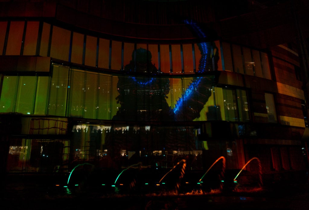 A digital display of Godzilla at Canal City Hakata in Fukuoka, Japan