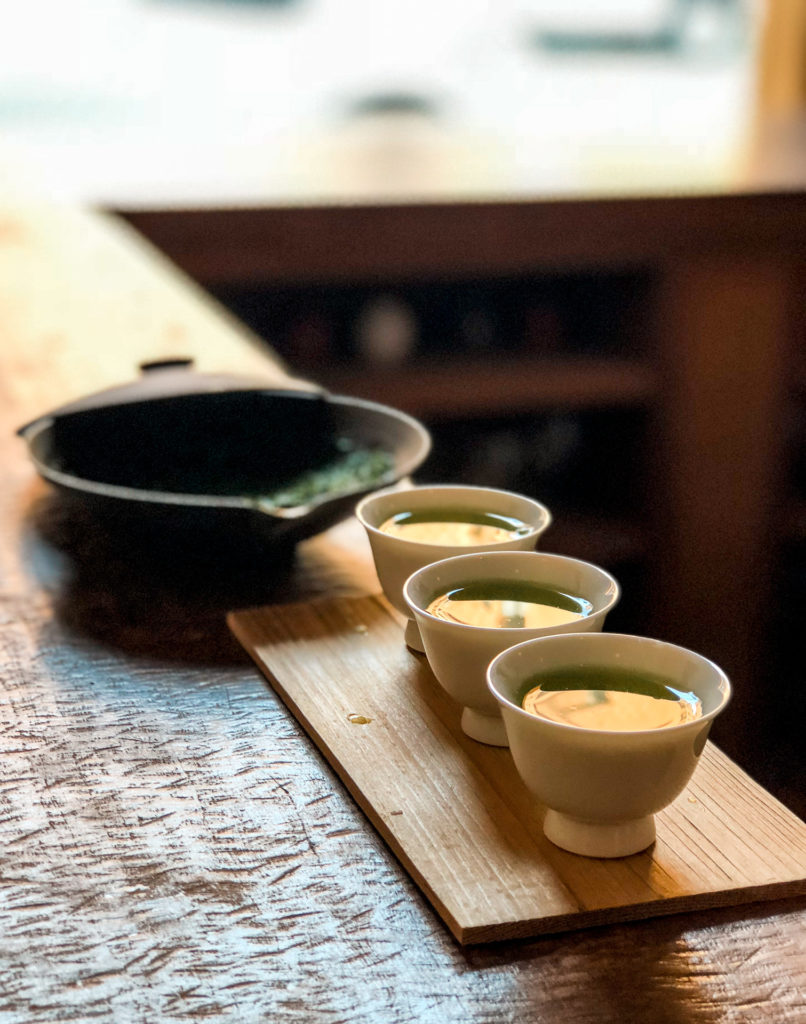 Three tea cups with green tea inside at YOROZU - Fukuoka