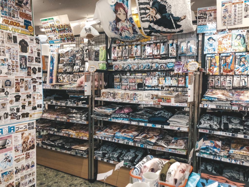 Display of anime items for purchase.