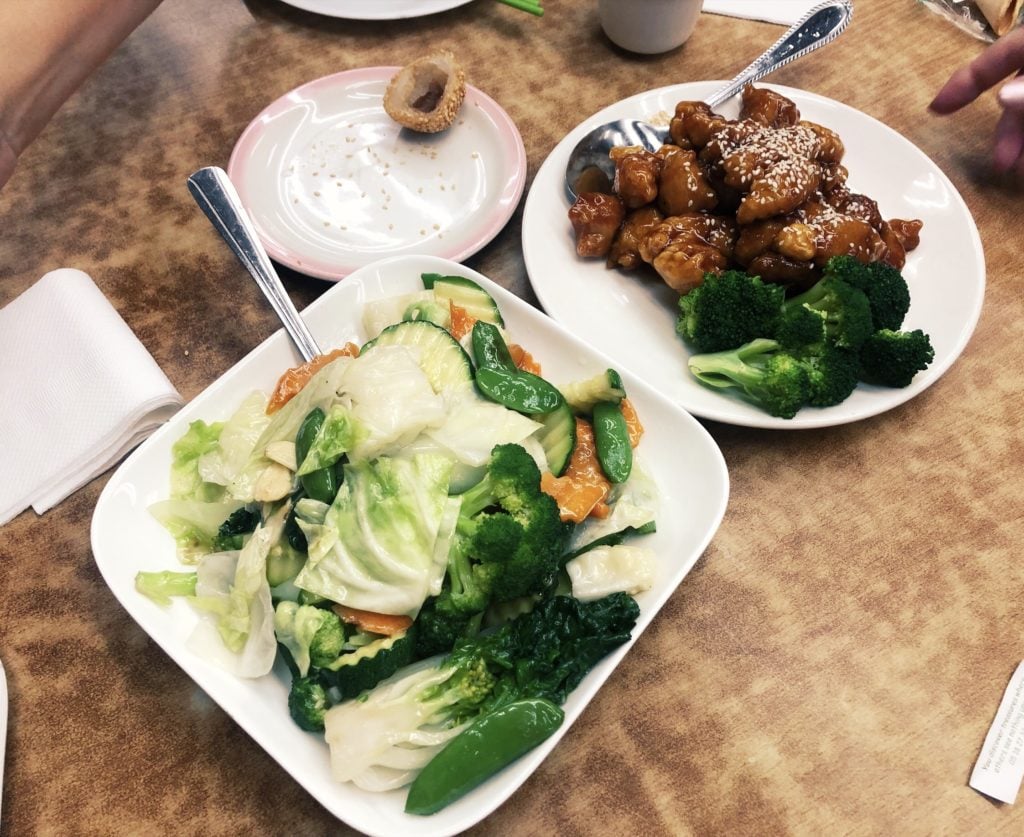 Steamed veggies, steamed sesame ball, and sesame chicken.