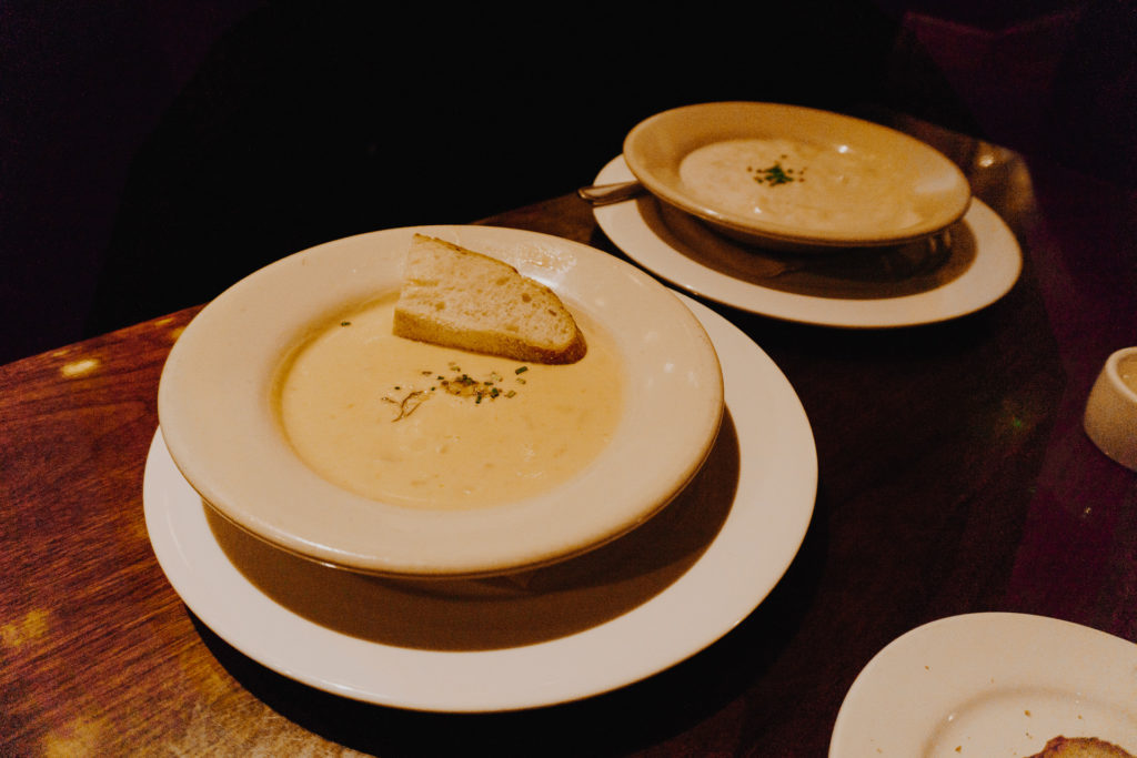 Crab & Corn Bisque (front left), Clam Chowder (back rear)