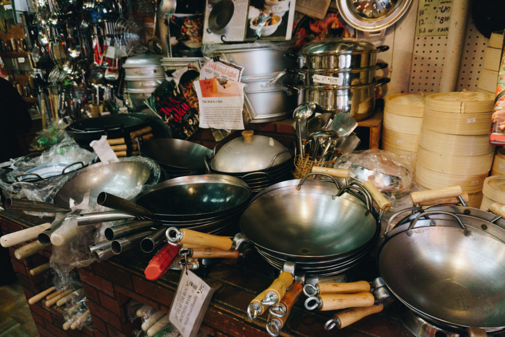 Stacks of woks in Chinatown San Francisco