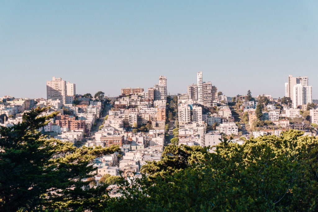 City skyline of San Francisco. VW Bus tour from San Francisco.