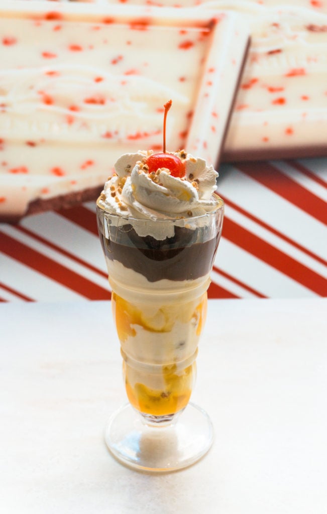 Ghirardelli sundae with butterscotch, ice cream, and hot fudge