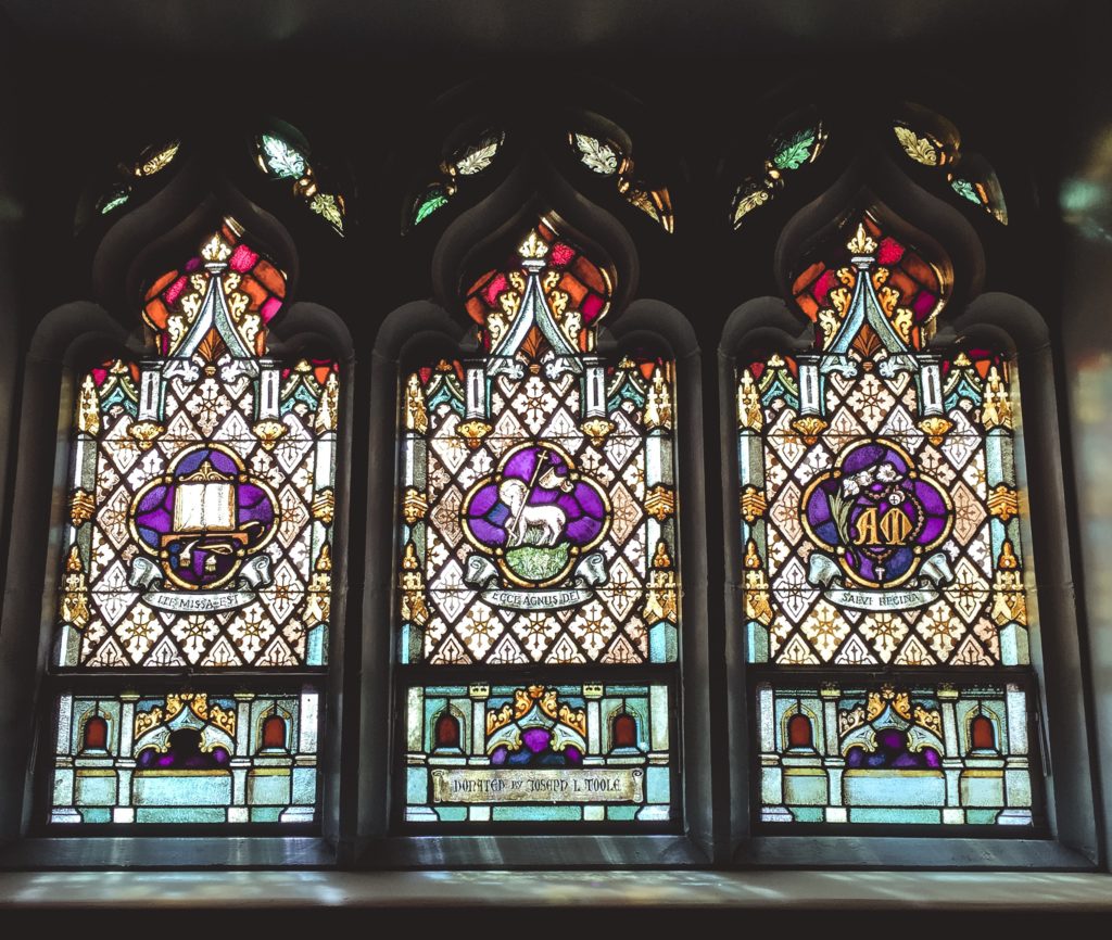 Stained glass windows at Old St. Mary's Church in Chinatown San Francisco