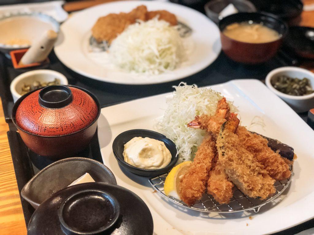 Plates of fried shrimp and pork (tonkatsu) in Nara, Japan