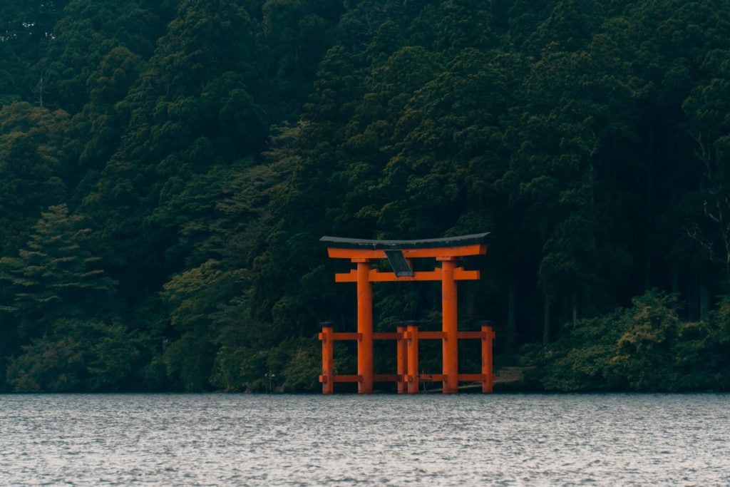 View of the Torii gate from Lake Ashi.