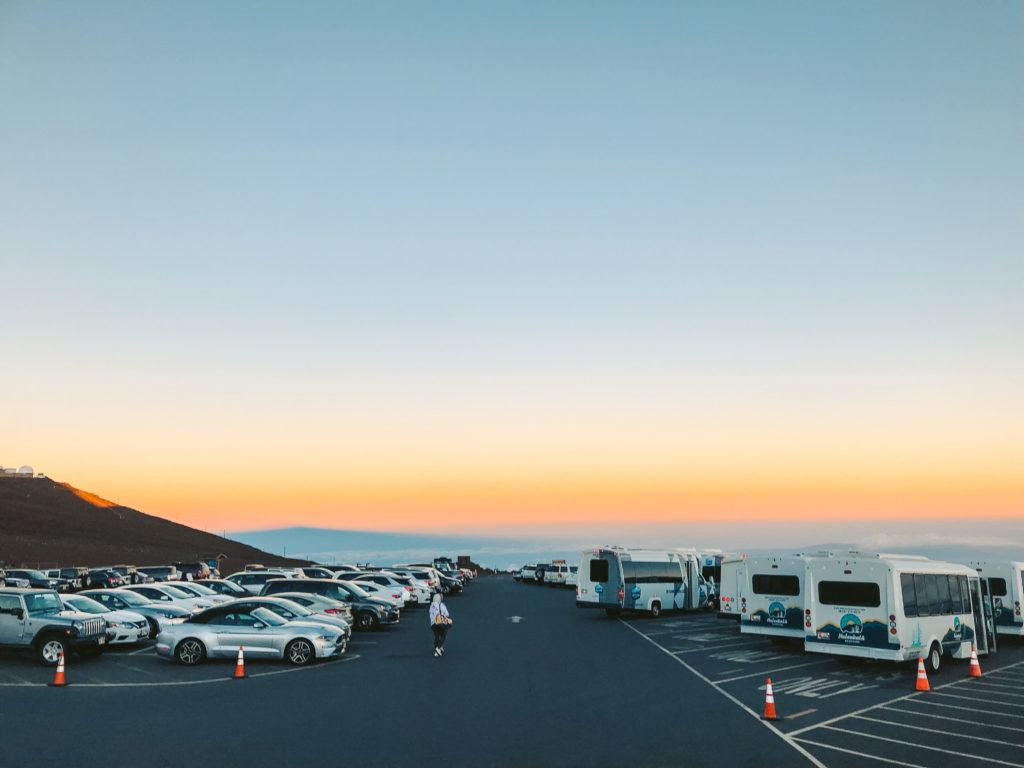 Parking lot at the top of Haleakala sunrise in Maui.
