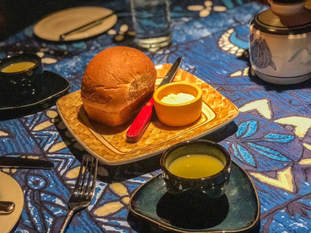 Complimentary bread and soup at Mama's Fish House in Maui.